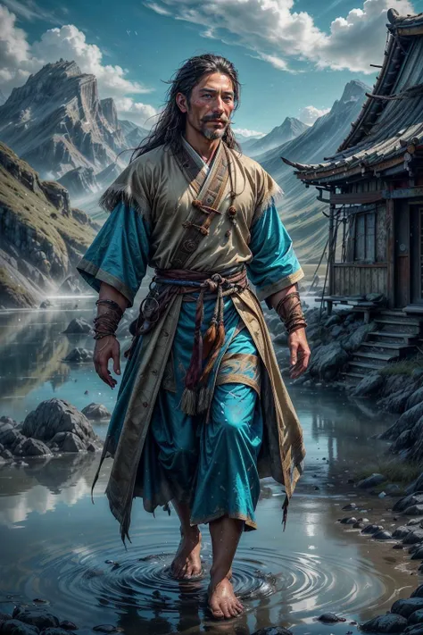 a man in a blue robe walking through a body of water