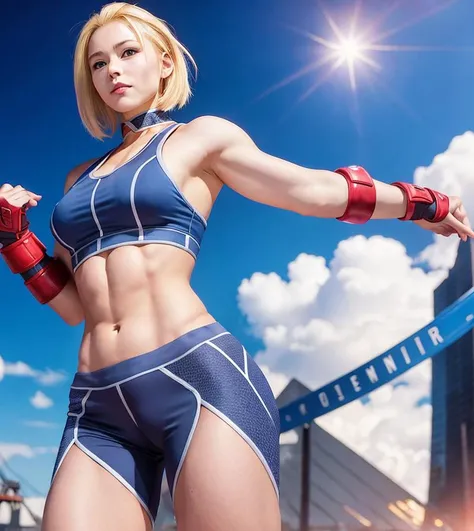 cammy sf6 ,1girl , solo , tank top , yoga pant, abs, short hair , blonde hair , open jacket ,blue eyes , outdoor , standing , smile , happy , upper body , scar on cheeks ,gloves, <lora:cammyWhiteStreet_v1:0.71>