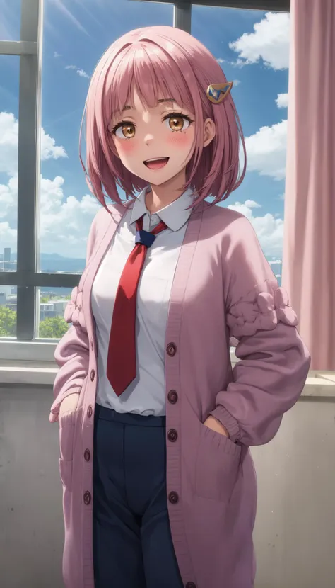 anime girl in a pink coat and tie standing in front of a window