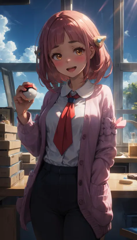 anime girl with pink hair and a red tie holding a bird