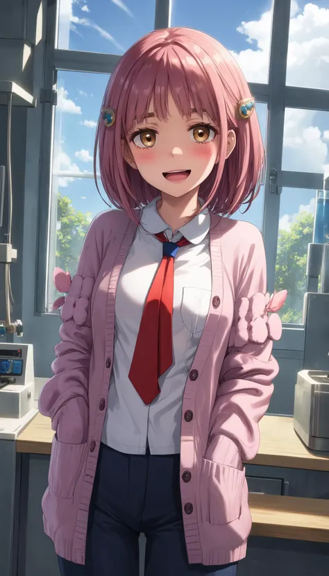 anime girl in a pink jacket and tie standing in a kitchen