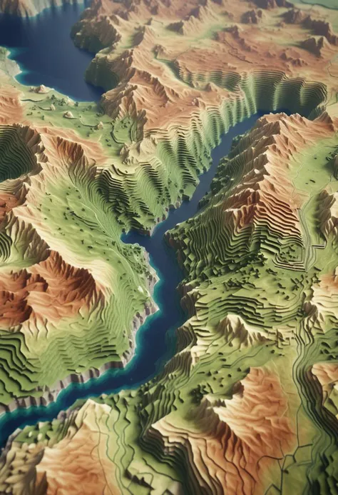 a close up of a model of a mountain with a river