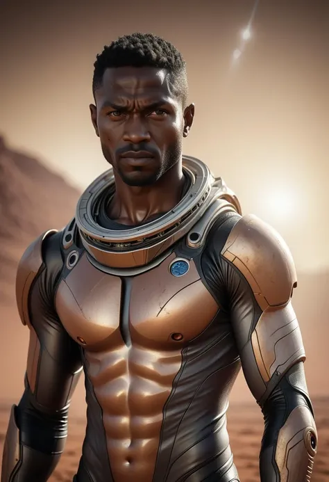 torso shot of beautiful naked black man, in Mars, (RAW, analog, Nikon Z 85mm, award winning photograph, ((best quality)), ((masterpiece)), ((realistic)), radiant light rays, highres, detailed facial features, high detail, sharp focus, smooth, aesthetic, ex...