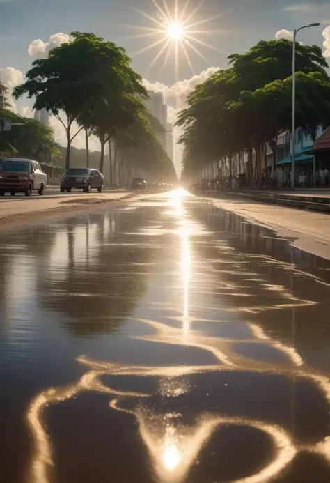 arafed image of a street with a puddle of water and a sun