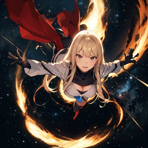 highres, 8k, absurdres, solo,1girl, long hair, black thighhighs, school uniform, cleavage, (blonde hair:1.3), realistic, intense close-up, solo, (Ultraman_Rise:1.75), (clenched hand:1.4), simple background, space, looking at viewer, upper body, flying, (do...