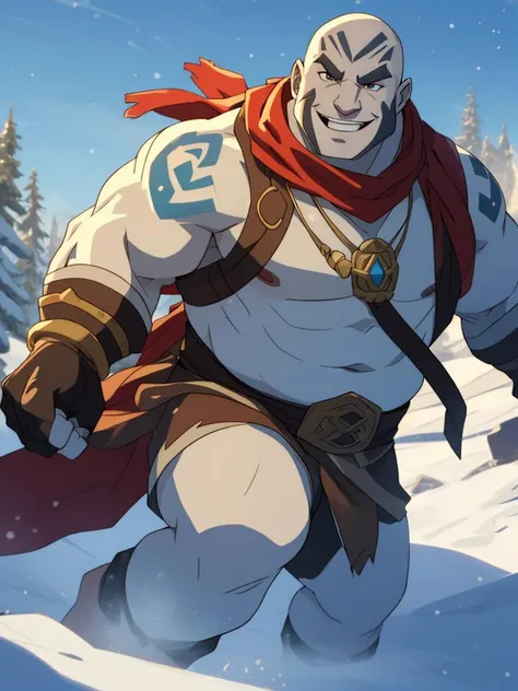 (establishing shot), beefy chubby human male, 1boy, solo, red scarf, pendant, jewelry, ((masterpiece)), detailed snowy background, lightblue skin, tattoo, bald, thick face-tattoo, action scene, ((vox machina style)), detailed, ((detailed eyes)), smile, ove...