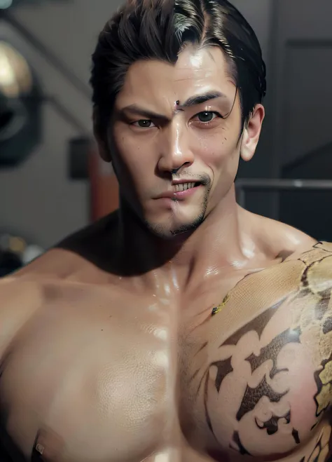 (SFW,8k, RAW photo, best quality, masterpiece:1.2),(realistic, photo-realistic:1.37),1 mature man ,(((yakuza snake colorful tatoo,upper body,smile,front facing,shirtless, strong phisique))), facial close-up <hypernet:goro:1>