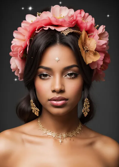 a dark skin women with flowers on her head, portrait, glitter