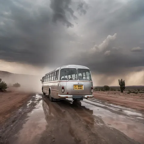 arafed bus on a dirt road with a storm in the background