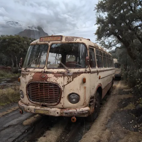 rusty bus on a dirt road with trees and mountains in the background