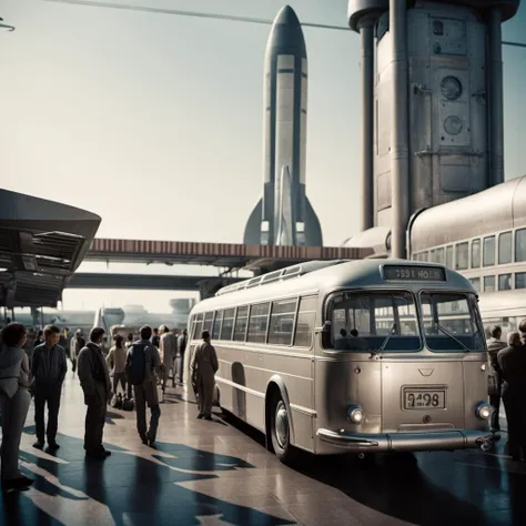 people are walking around a bus at a bus station with a space shuttle in the background