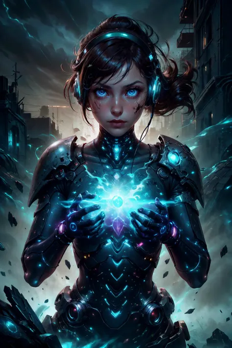 a woman in a futuristic suit holding a glowing ball