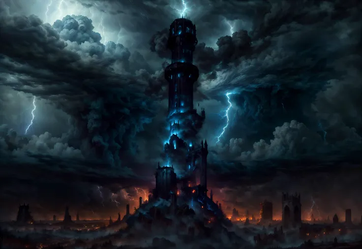 <lora:add_detail:0.8> <lora:EntropyMagic:0.6> (masterpiece, best quality, realistic, detailed, crisp:1.2), intricate details, entropymagic, (landscape, violent thunderstorm:1.2), (huge black metal tower in the middle), rain, (blue glow:0.8), heavy mist, sm...