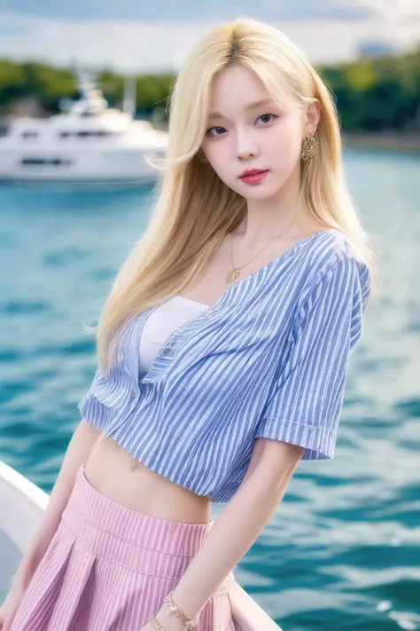 a woman in a blue and white shirt standing on a boat