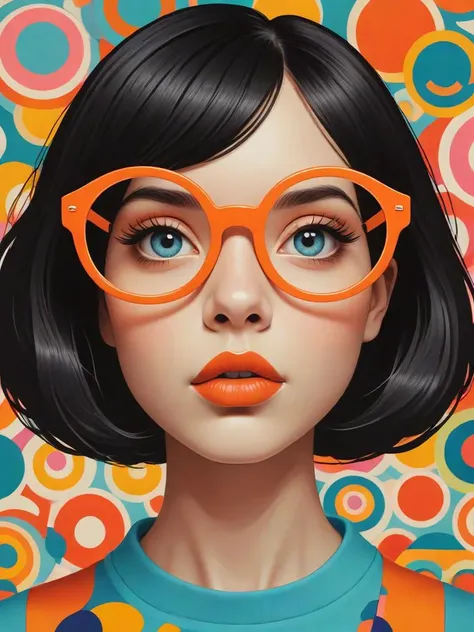 fantasy,girl,stephen ormandy, round orange glasses,pop art poster,kitsch, Jon Burgerman,symmetrical representation,stephen ormandy,black hair,abstract background,Gemma Correll,bold lines,hyper detailed,intricate, poster,artstation