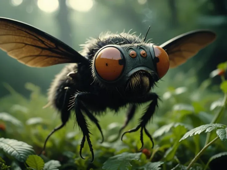 this Technicolor filmstill was shot with a 35mm Arriflex camera and an Angenieux 25-250mm f/3.2 lens. it shows a dangerous comic style horror fly with fat black hairy body, stubby tail, big wings and human comic face. big round cartoon nose, pointy ears. f...