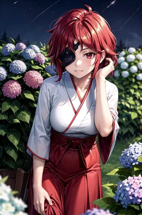 (masterpiece, best quality, detailed), 1girl, solo, looking at viewer, hephaistos, eyepatch,
miko, japanese clothes, red hakama, wide sleeves, white kimono, ribbon trim, hip vent, hakama skirt, outdoors, garden, grass, bush, night, hydrangea, leaning forwa...