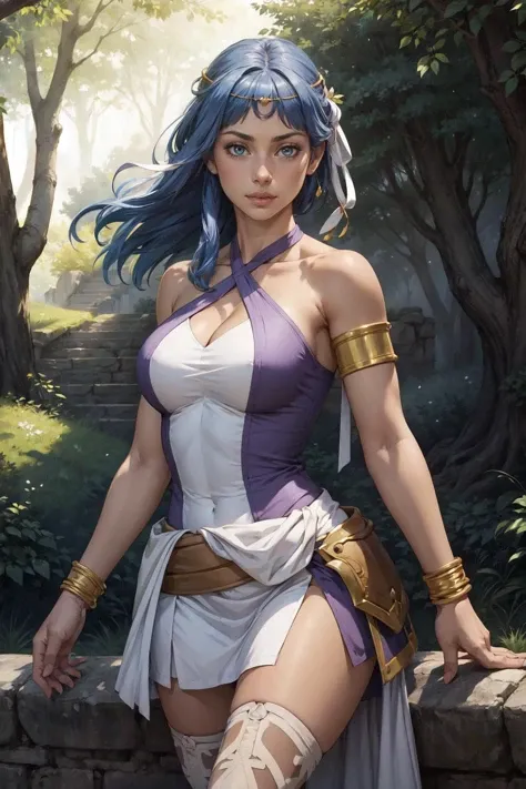 (masterpiece, best quality, 4k, detailed, intricate, realistic),outside,dappled sunlight,1girl, danartemis, long hair,hair ribbon, circlet, halterneck, criss-cross halter, white and purple dress, armlet, white skirt, thigh boots <lora:danartemis-nvwls-v1:0...