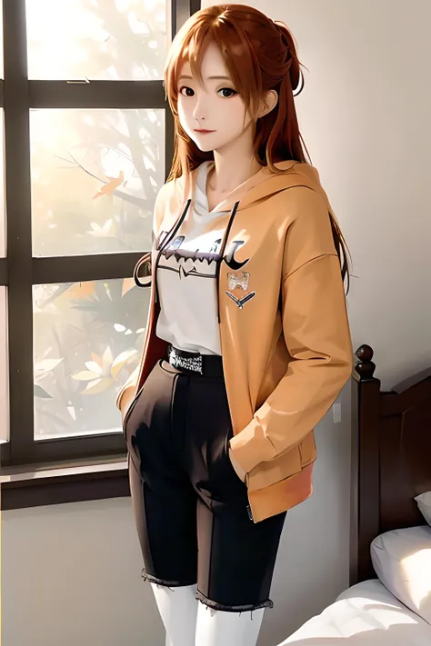 ((masterpiece)), ((best quality)), (slender_body:1.1), (wide_hips:1.2), (narrow_waist:1.2),
Asuna Yuuki, 1girl, long hair, orange hair, long hair, realistic, ultra realistic, hyper realistic, real life, highly detailed, focused,
Hoodie, Jacket, black hoodi...