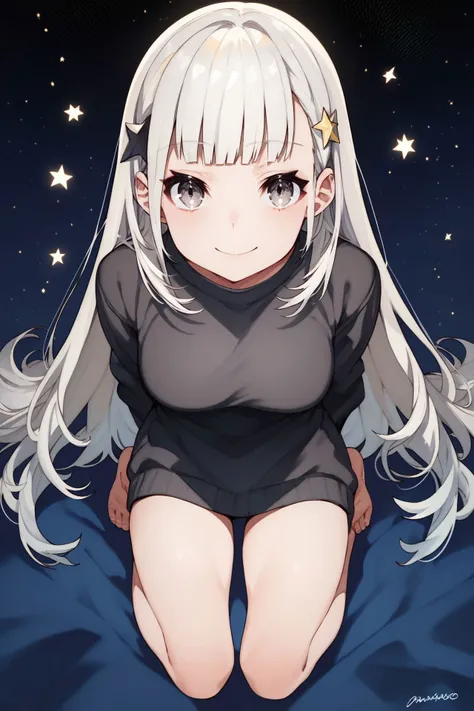 score_9, score_8_up, score_7_up, 1girl, looking at viewer, arms_behind_back, squinting eyes smile, light grey hair, multicolored hair, blunt bangs, hair ornament, grey eyes, breasts, black sweater, pov, full body, starry background, <lora:mika_pikazo_PonyX...