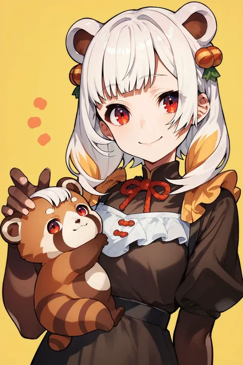 score_9, score_8_up, score_7_up, 1girl, looking at viewer, hand_behind_back, smile, white hair, multicolored hair, baby bangs, hair ornament, red eyes, small breasts, brown panda costume, straight-on, yellow background, <lora:mika_pikazo_PonyXL_style_v01:1...