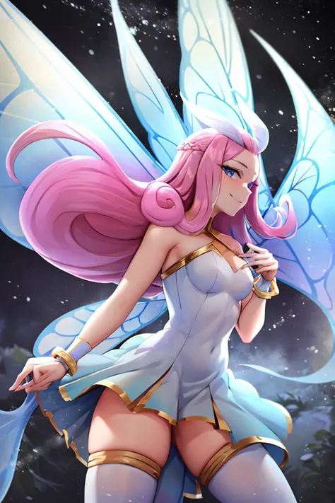 <lora:twistedscarlett60_style:0.8>,((masterpiece,best quality)), absurdres, <lora:Tasi_AFK_Anime:0.8>, Tasi_AFK, long pink hair, fairy, fairy wings, dress, thighhighs,   side view,  solo, smiling, looking at viewer, cowboy shot,  cinematic composition, dyn...