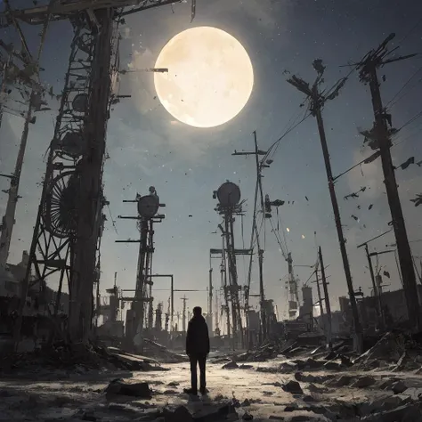 a man standing in a ruined city with a full moon in the background