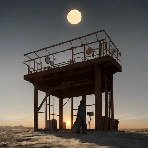 a man standing on top of a beach next to a tall structure