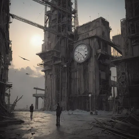 there is a man walking in front of a clock in a building