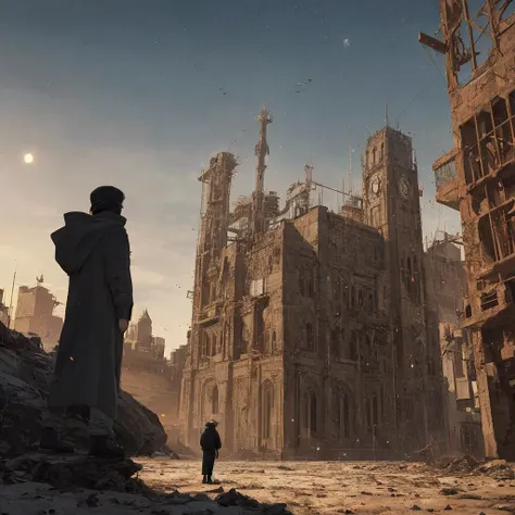 a man standing in front of a ruined city with a clock tower