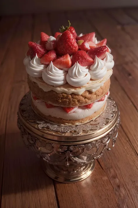 there is a cake with strawberries on top of it on a silver plate