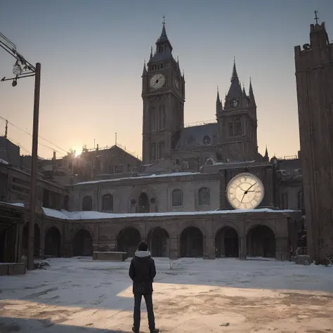 arafed view of a man standing in front of a clock tower