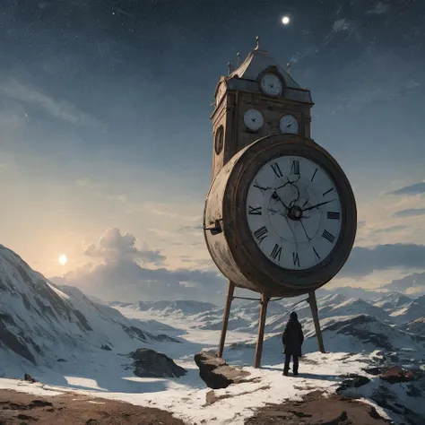 there is a man standing on a mountain with a clock tower