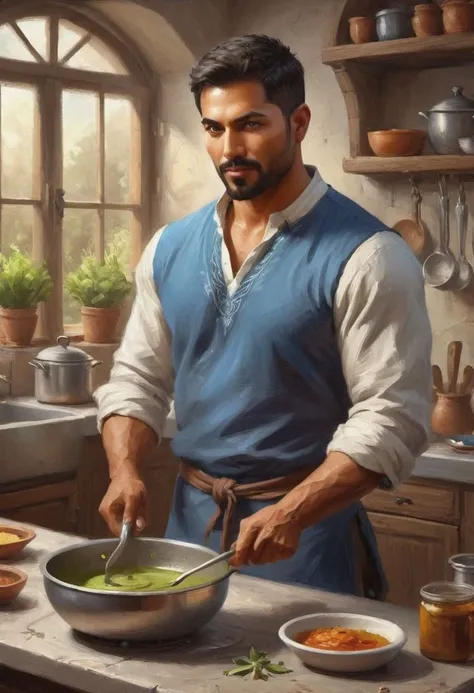 painting of a man preparing food in a kitchen with a window