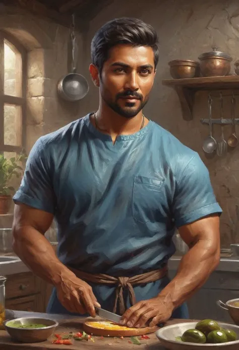 digital painting. action shot. epic fantasy, medieval. a handsome muscular compassionate (medium-dark-tan-skinned:1.3) 35-year-old mexican (healer:1.6) cooking in a kitchen. short hair. (short beard:1.5). (olive-eyes:1.4). blue tunic. jewelry. smooth lines...