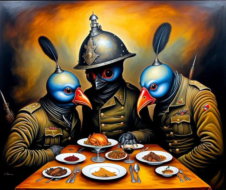 painting of three soldiers with masks and helmets sitting at a table with food