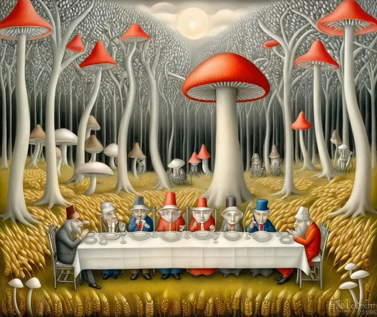 painting of a group of people sitting at a table in a forest