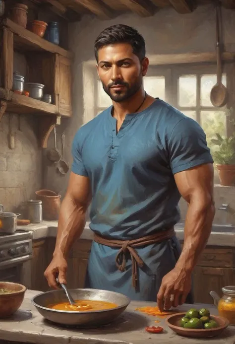 digital painting. action shot. epic fantasy, medieval. a handsome muscular compassionate (medium-dark-tan-skinned:1.3) 35-year-old mexican (healer:1.6) cooking in a kitchen. short hair. (short beard:1.5). (olive-eyes:1.4). blue tunic. jewelry. smooth lines...