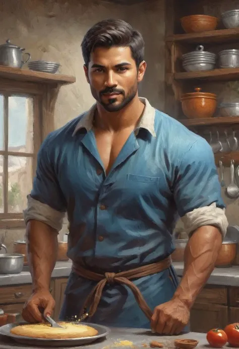 digital painting. action shot. epic fantasy, medieval. a handsome muscular compassionate (medium-dark-tan-skinned:1.3) 35-year-old mexican (baker:1.6) in the kitchen. short hair. (short beard:1.5). blue tunic. jewelry. smooth lines, perfect composition