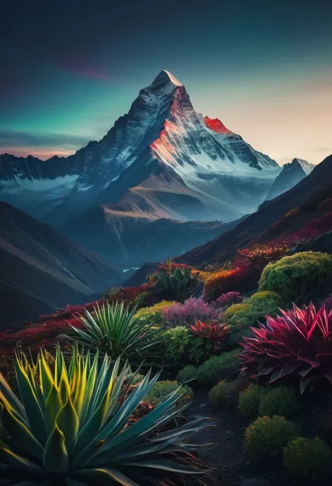 (majestic mountain landscape), cinematic lighting, (multicolor dark atmosphere), otherworldly, (intricate details), exotic plants, (analog photography, highest quality, RAW, hyperrealism, trending on ArtStation, trending on CGSociety), saturated colors:1.0