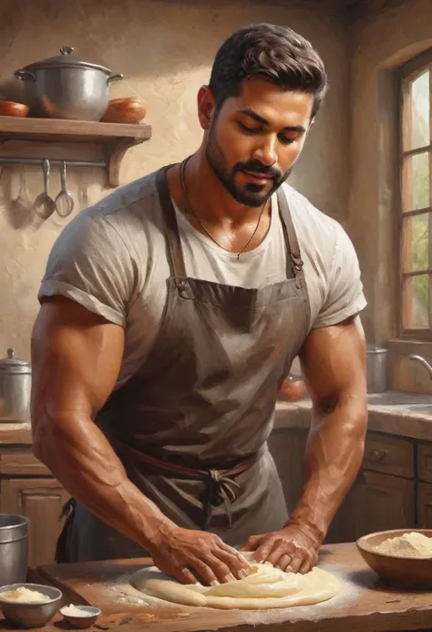 digital painting. action shot. epic fantasy, medieval. a handsome muscular compassionate (medium-dark-tan-skinned:1.3) 35-year-old mexican (baker:1.6) kneading dough in the kitchen. short hair. (short beard:1.5). tunic. jewelry. smooth lines, perfect compo...