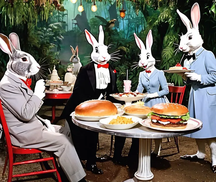 three rabbits in suits are sitting at a table with food