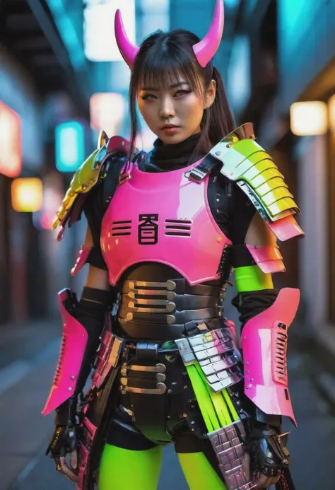 Beautiful Japanese woman wearing neon coloured samurai armour with a cyberpunk aesthetic