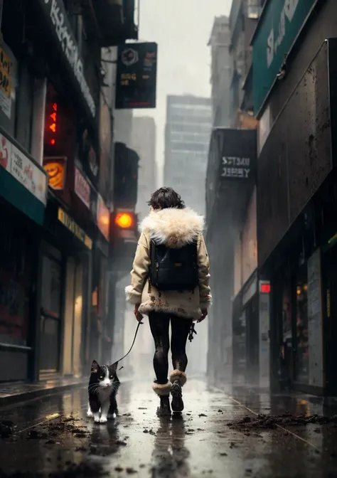 a black and white homeless little kitten, sad, (dirty on fur:1.4), (disheveled fluffy fur:1.3), walking down the street, (paving slabs:0.5), (simple background:1.4), man legs, sole of the shoe, running ago, rain, (in the style of an Jeremy Mann:1.4), ivan ...