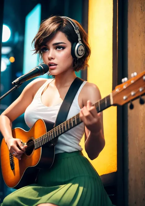 Imagine a captivating pop singer, a young woman with a pixie cut that adds a dose of charm to her symmetrical face, her doe eyes glossy with unshed tears that reflect the depth of her melody. Clad in a billowy pleated skirt, she strums her guitar, her soul...