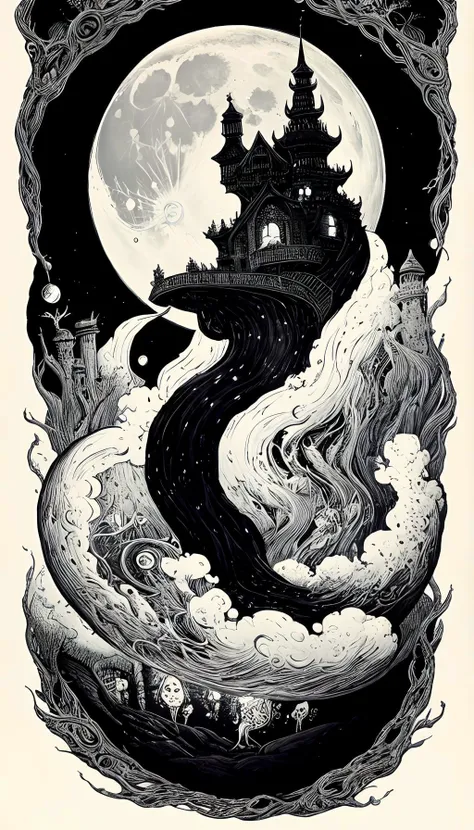 engraving, moon,
fantastical surrealism
by Joe Fenton, etching, 2D, thin black lines