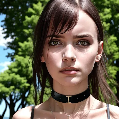 (Beautiful) unique-looking young woman, wearing a choker necklace, expressive face, looking directly at viewer, solo focus, outdoors, daytime, realistic eyes