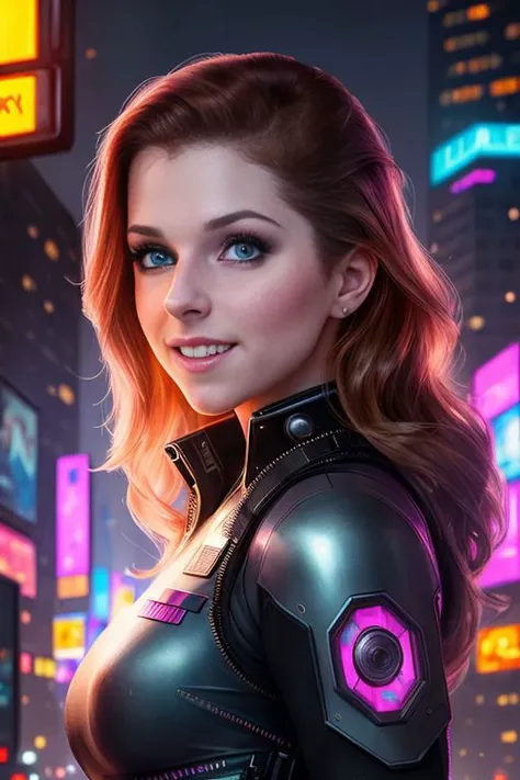 Picture, best quality, portrait photo of beautiful [Anna Kendrick:JernauAnnaKendrick:0.8] smiling, a woman dressed as a (cyberpunk police officer), dark cyberpunk city at night, streetlights, advertisements, smog, looking at viewer, perfect face, perfect e...