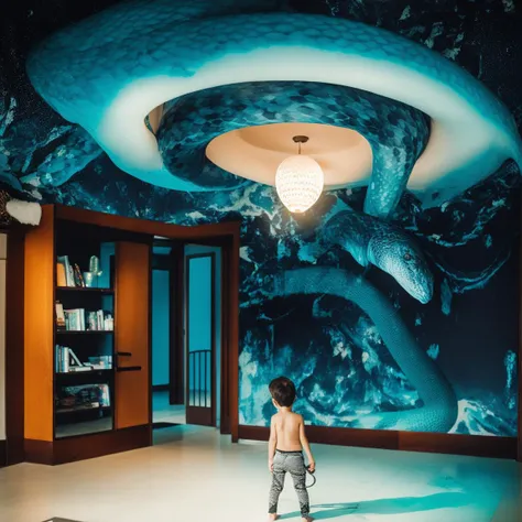 Alien-themed foto, reality,
boy with snake in living room . Extraterrestrial, cosmic, otherworldly, mysterious, sci-fi, highly detailed