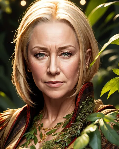 -- high-resolution close-up panel of Helen Mirren with her captivating facial features highlighted, surrounded by a rich tapestry of herbs and arcane objects